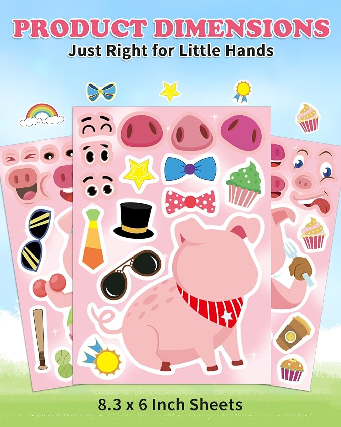 Aowplc 30 Sheets Make a Pig Stickers – Cute Piggy Mix & Match Stickers for Kids – Party Favors, Farm Animal Crafts, School Projects & Classroom Activities