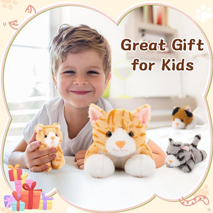 Muiteiur 4 Piece Cat Stuffed Animals, 15.7 inch Mom Plush Cat with 3 Kittens Stuffed in Zipper Pouch, Cute Yellow Mom and Baby Stuffed Cats for Kids Girls Boys