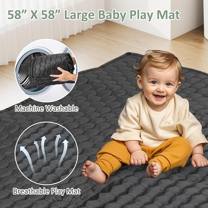 INFANS Foldable Baby Playpen with Mat, 59” x 59” Large Baby Play Yard for Infant with 50 Ocean Balls, 4 Handlers, Carry Bag, Indoor Outdoor Fence Toddler Activity Center (Black, 59” x 59”)