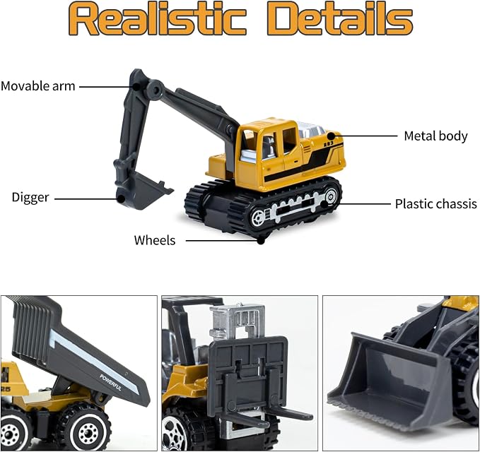 6Pcs Diecast Construction Toys, Alloy Construction Truck Toys for 3-9 Years Old Boys, Forklift, Excavator, Dump Truck Tractor Toy Playset for Kids Toddlers Birthday Gifts Party Favors