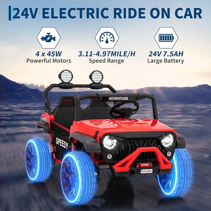2 Seater Ride on Car for Kids, 24V Ride on Toy, Fast 4.97MPH Truck, 4WD Kids Electric Vehicles with Remote Control, Spring Suspension, Front & Behind LED Lights, Dual Storage, 3 Speeds, Music, Red