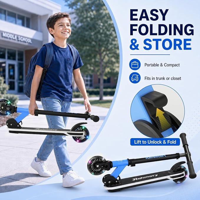 Rahmory Kick Scooter for Ages 5-12,Kid, Teens. Max Load 155 LBS. Foldable, Lightweight, with Light up Wheels and Dynamic Light Deck, Teen and Adults, 3 Adjustable Levels.