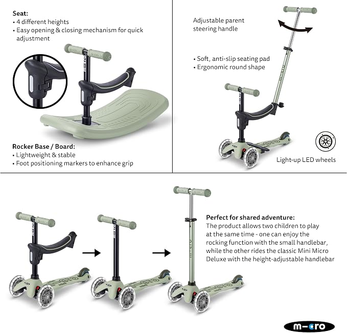 Micro Kickboard | Mini Rock & Go LED 6-in-1 Toddler Scooter & Rocker for Ages 1–6 | Convertible Ride-On, Rocker & Scooter | Motion-Activated PU LED Wheels | Adjustable T-Bar | Swiss Design