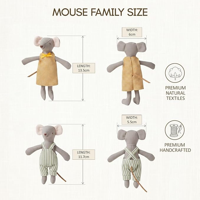 Giant bean Mouse Toys for Kids, 4 PCS Hand Made Mouse Family Dolls with Removable Clothes, Suitable for Infants, Boys and Girls, Dollhouse People