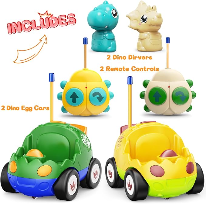 Kidz do 2 Pack Dinosaur Remote Control Cars for Toddlers 2 3 4 5 Years Old - Easter Birthday Gift Ideas for Boys Ages 2-5, Kids Dino Toys RC Vehicle with Lights and Music for Family Fun(Yellow Green)
