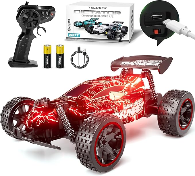 Tecnock RC Cars for Kids, 1:18 Scale 2WD RC Car with LED Lights, 2.4GHz Remote Control Car with USB-C Easy Charging & 50 Mins Playtime, Toys Gifts for Boys & Girls Ages 8-12