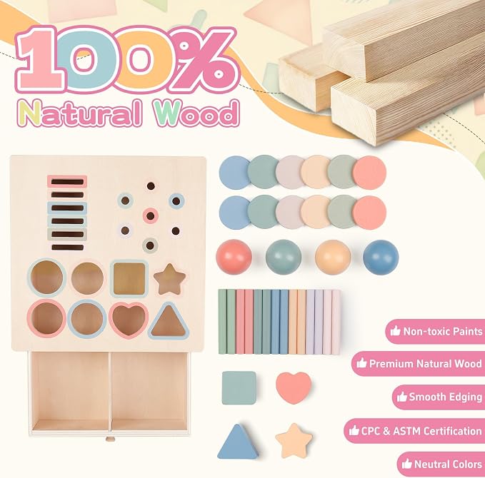 Pajojoqa Montessori Toys for 2 3 4 5 Color Sorting - Wooden Object Permanence Box with Drawer Sensory Toys Shape Sorter Education for Baby Toddler Boy Girl Drop Busy Box 4 in 1