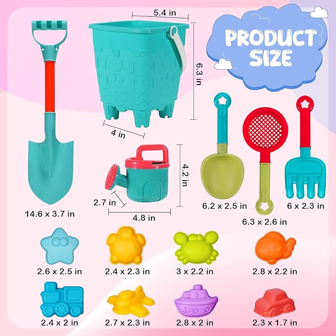 14 Piece Beach Toys,Castle Barrel Bucket,Sea Animal and Traffic Sand Molds,Beach Shovel Tool Kit, Fun Outdoor Games Beach Accessories for Boys Girls