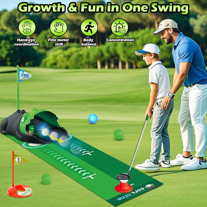 Clemas Upgraded Kids Toy Golf Set with Dinosaur Automatic Golf Returner, Led Light Up Night Golf Balls, 3 Clubs, Putting Mat, 3-8 Toddler Mini Golf Games, Indoor Outdoor Sports Toys for Boys Girls 3+