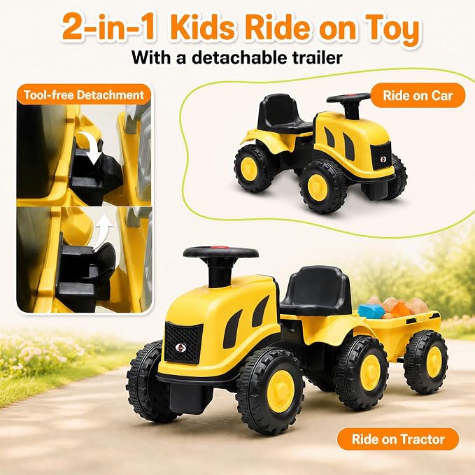 Kids Ride on Tractor, 2 in 1 Foot to Floor Push Car w/Detachable Trailer, Horn, Rake & Shovel, No Power Sliding Toy Gift for Toddlers, Outdoor Ride on Construction Vehicle (Yellow)