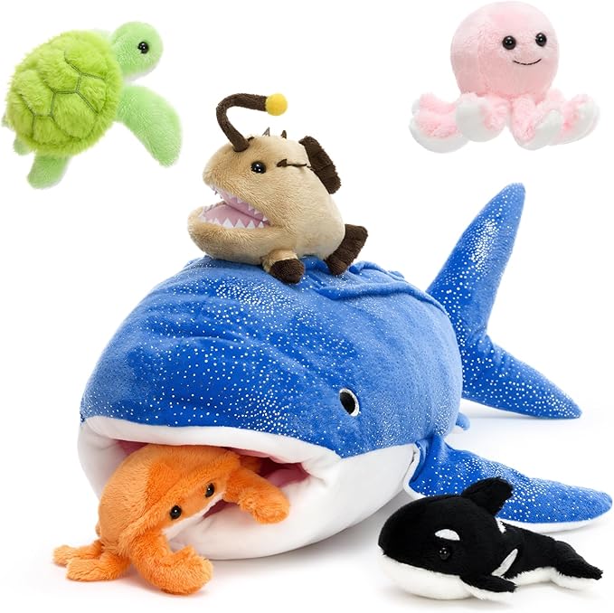 MaoGoLan 6Pcs Whale Shark Stuffed Animal with 5 Sea Animals Inside - Bulk Ocean Plush Toys Stuffed Orca Turtle Anglerfish Crab Octopus, Kids Party Favors Summer Christmas