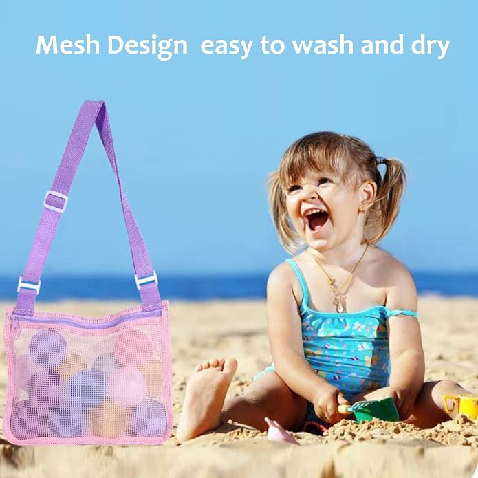 UTTPLL Colorful Mesh Beach Bag Adjustable Kids Quick Dry Net Tote for Seashell Collecting Sand Toy Swimming Accessories