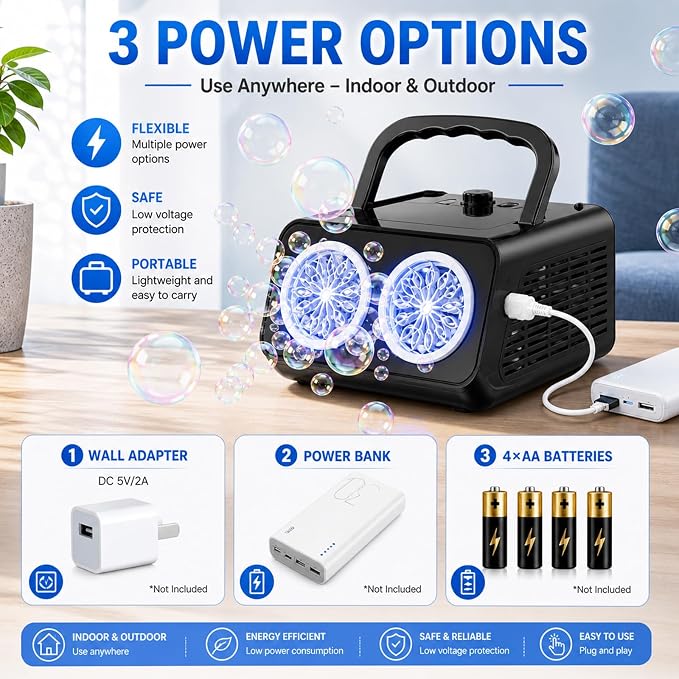 Bubble Machine with Dual Fans,20000+ Bubbles Per Minute | USB-C or AA Battery Operated,Leak-Proof Sealed Bottle,Portable Bubble Maker for Birthday Party Pool Wedding Outdoor