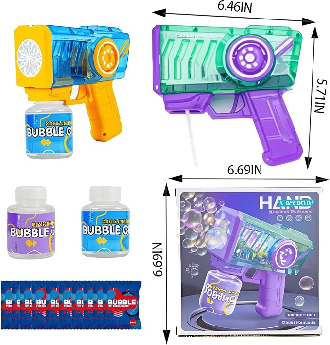 Bubble Machine Gun for Kids 2 Packs, with LED Lights & Solution,Suitable for Boys and Girls Aged 3 and up, Outdoor and Indoor Birthday and Wedding Party Toy, Gift(Yellow&Purple)