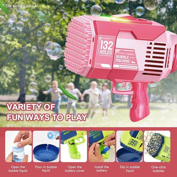 Upgraded 132 Holes Bubble Machine Gun,Bazooka Bubble Machine,Rocket Bubble Gun Bubble Machine,Summer Toys Bubble Blaster Maker for Kids, Wedding, Birthday Gift (Pink)