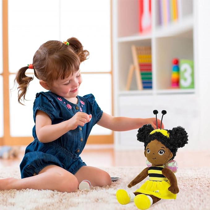 Black Baby Doll,Blacks Dolls African American Stuffed Toy,12” Rag Dolls for Girls Soft Gifts,Brown Doll Fairy Baby Toy plush toys for Christmas Birthday Party(SMALL-BLACK BEE)