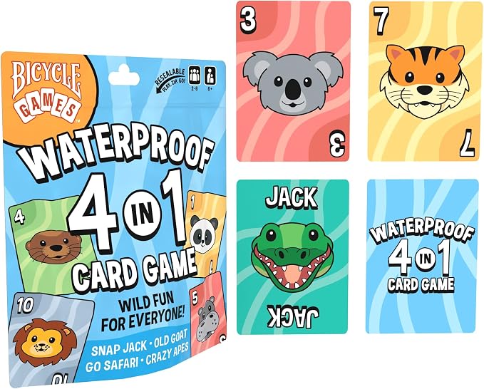Bicycle Waterproof 4‑in‑1 Card Games Set – Durable Plastic Playing Cards Deck for Go Fish, Slap Jack, Crazy Eights & Old Maid, Family Travel Game Pack, Washable, Kid‑Friendly & Outdoor‑Ready