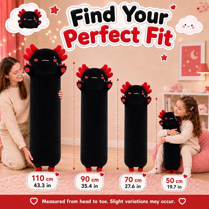 Long Axolotl Stuffed Animals 19.7inch, Soft Long Axolotl Plush Pillow Cute Axolotl Plush Body Pillow Gifts for Kids Girlfriend, Black&Red