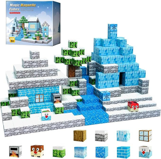 Ice Castle Magnetic Cubes 100PCS - Frozen Kingdom Themed Magnetic Blocks Set for Kids Ages 3+, STEM 3D Magnet Tiles Educational Construction Toys Sensory Montessori Stacking Blocks Gifts Girls Boys