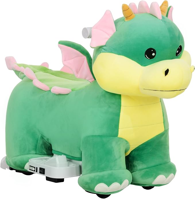 Qaba 6V Kids Ride on Horse, Battery Powered Ride on Toy, Triceratops Shaped Electric Riding Animal with Music, Soft Touch, PU Wheels, Foot Pedal, Forward, for Girls Boys Aged 18-36 Months, Green