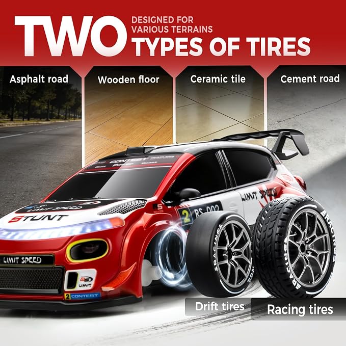 RC Drift Car, 1/24 Remote Control Drift Car for Adults Kids, 20KM/H 4WD Low/High Speed RC Cars with LED Lights, Extra Drifting Tires, Vehicle for Boys Girls Beginners Indoors Outdoors Red