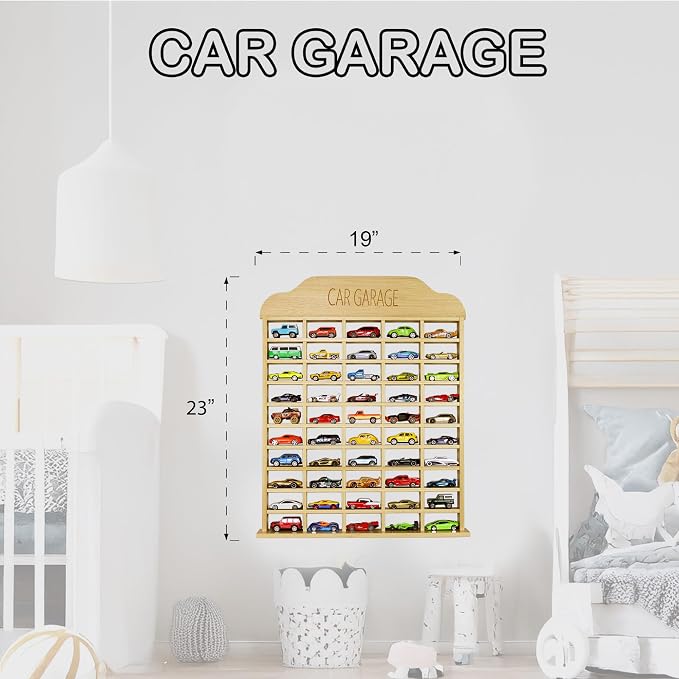 Car Garage Toy Shelf Display - Wall Mount for 1/64 Diecast Toy Cars - Wooden Wheels Shelf - Gift for Collectibles - Wall-Mounted Toy Car Storage Cabinet (50 Cars)