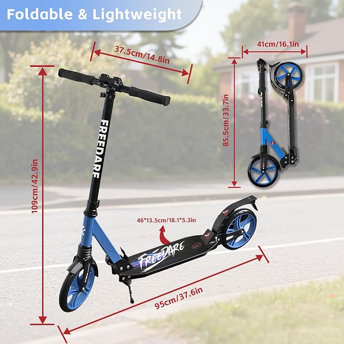FREEDARE Kick Scooter for Kids & Adults Ages 8+, Foldable Teen Scooter with 2 Big 8-inch Wheels and 4-Level Adjustable Handlebar, Max Load 220 LBS