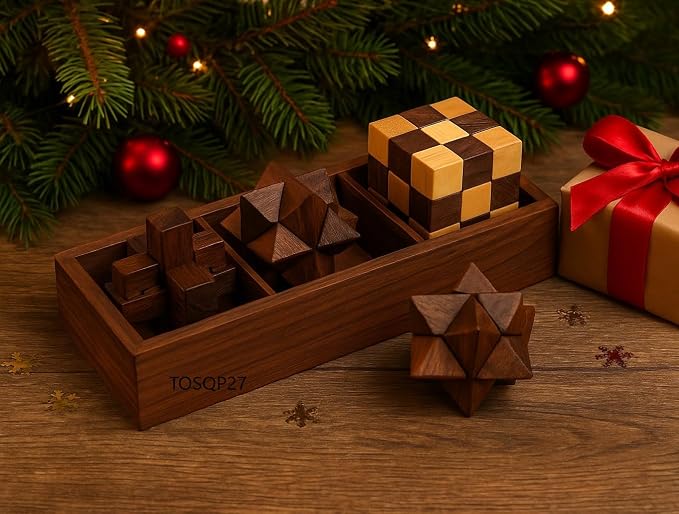 TOSQP27 Gift Wooden Brain Teaser Puzzle Set for Adults & Teens – 3-in-1 Interlocking Burr, Snake Cube & Star Puzzle with Handmade Wooden Storage Box – Mind Challenge Logic Game
