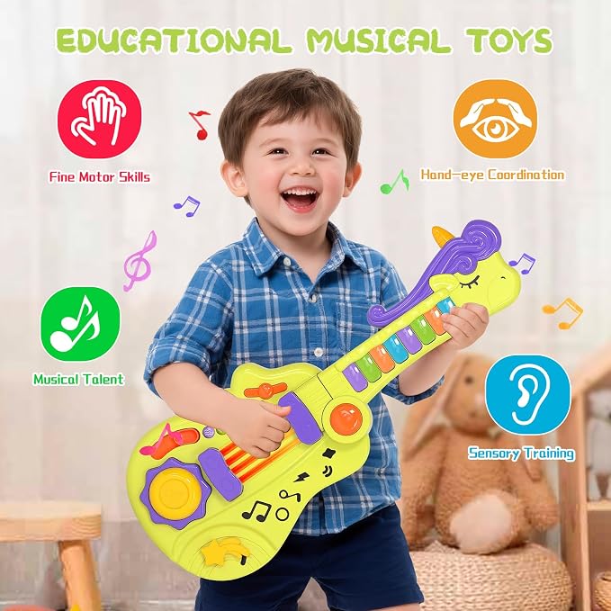 M SANMERSEN 3-in-1 Toddler Guitar Toys for Kids with Piano Drum, Electric Musical Toy with Strap Light Up 3 4 5 Year Old Boys Girls Gifts