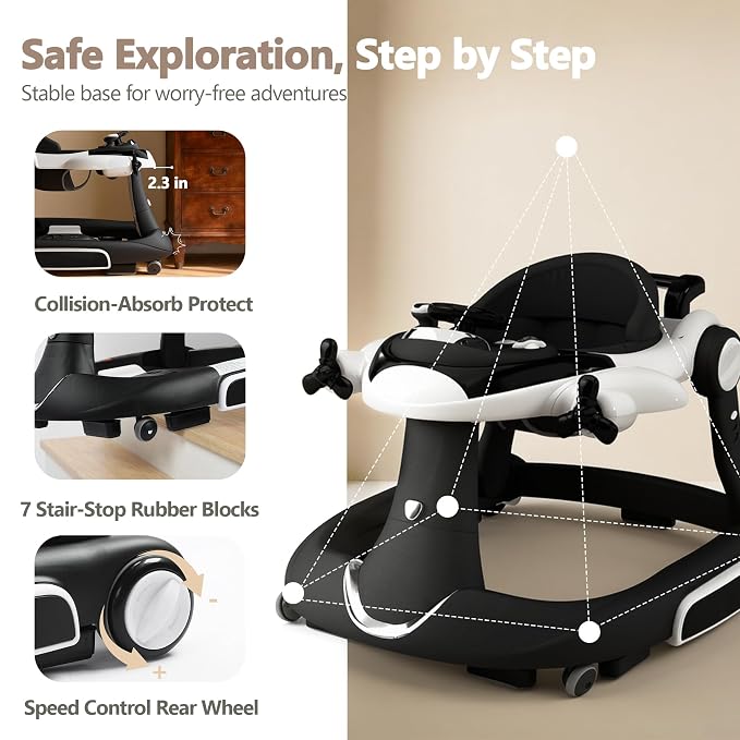 Kinder King 8-in-1 Baby Walker with Music & Lights, 3 Level Adjustable Height, Foldable Toddler Walker with Speed Adjustable Wheels, Easy to Clean, Baby Walkers for Boys & Girls 6-18 Months