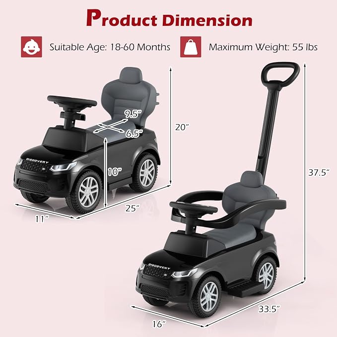 Licensed Push Car for Toddlers by INFANS, 3 in 1 Sliding Walking Car with Push Handle, Horn, Music, Underneath Storage, Foot-to-Floor Ride on Toys for Boys Girls (Black)
