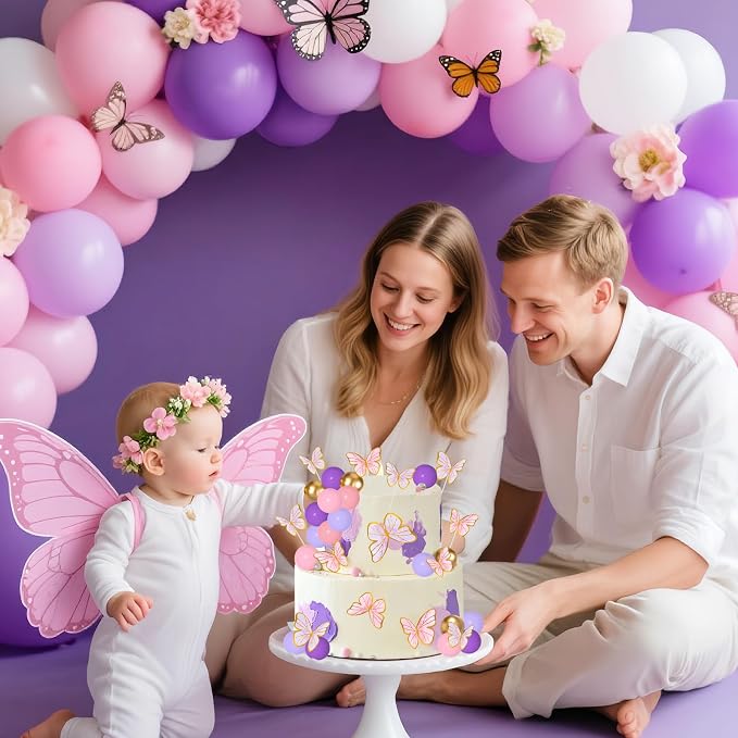 Pink Purple Butterfly Cake Toppers 47Pcs Pastel Balls Cake Toppers Butterflies Cupcake Decoration Balls Cupcake Insert Foam Balloons Cake Topper for Baby Shower Wedding Bridal Shower Party
