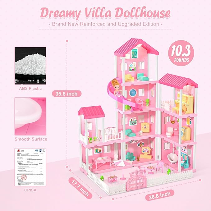 Dreamy Dollhouse Playset for Girls,Princess Doll House with 4-Story 10 areas 2 Dolls, Lights, Pets,Furniture & Accessories, Pretend-Play Toddler Playhouse Gift for 3 4 5 6 7 8 9+ Year Old Girls Toys
