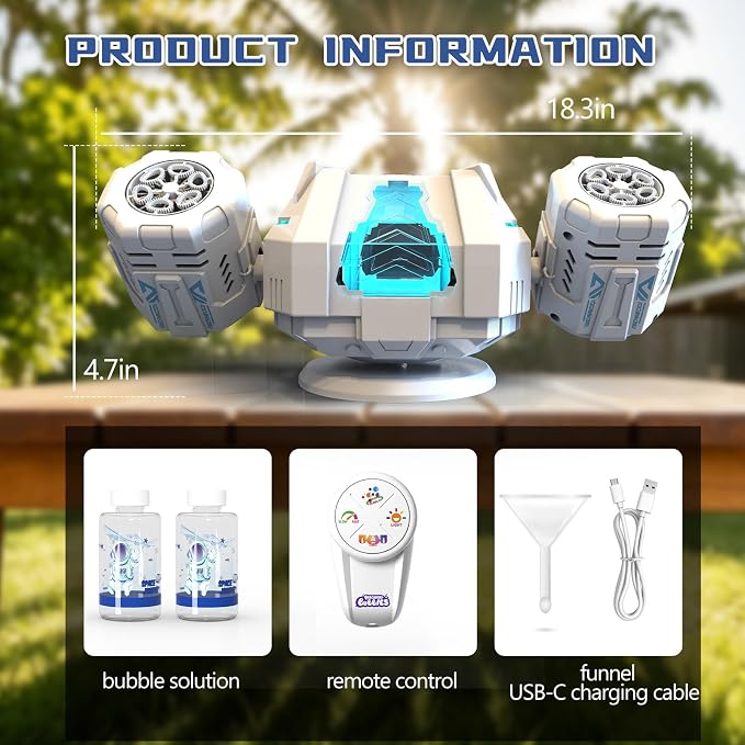 Remote Control Rotating Bubble Machine, Rechargeable Auto Bubble Blower for Kids Party Outdoor Gift
