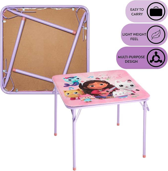 Gabby's Dollhouse 3 Piece Children's Activity Square Table and 2 Folding Chairs Set, Ages 3+