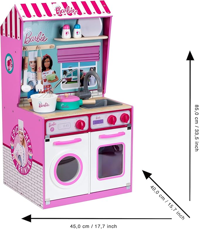 Klein Theo 2 in 1 Barbie Wooden and Metal Toy Kitchen and Dollhouse with Pretend Washing Machine and Oven for Kids Ages 3 and Up Integrated Dollhouse