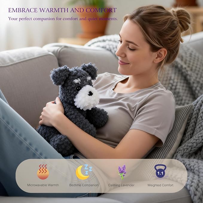 KOWSI® Microwavable Heating Pad Schnauzer Dog Plush - Weighted Stuffed Animal Toy Tourmaline Beads & Lavender - 1.1 lb for Long Lasting Cozy Warmth & Relaxation - Includes Gift Box & Greeting Card
