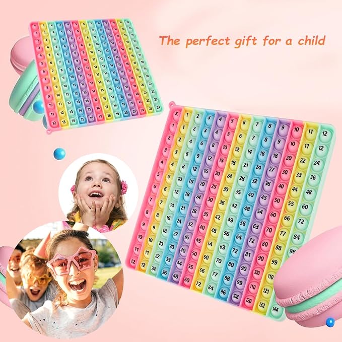Rainbow Multiplication Table pop Fidget Toys Educational Math Learning Board Game, 12x12 Times Tables Practice, Colorful Silicone Push Bubble Sensory Toy (12 X12 Makar Multiplication Table)
