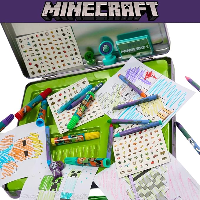 Innovative Designs Minecraft Kids Deluxe Activity Set with Carrying Tin, Coloring Sheets, Tattoos, Stickers, & Art Supplies