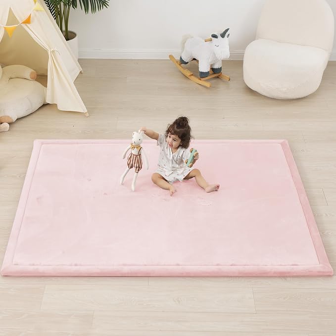 1.5" Thick Padded Baby Play Mat for Floor Tummy Time, Pro Soft Foam Activity Playroom Playmats, Easy Care with Non-Slip Safe for Infant Toddler Kids Crawling 39"x 59" (Pink)