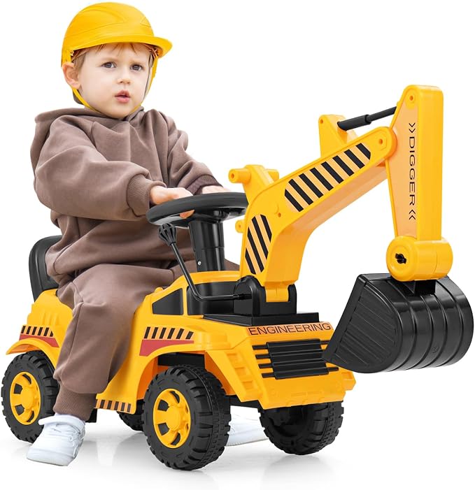 Costzon Ride On Excavator, Kids Construction Digger Truck, Ride on Push Car for Toddlers w/Working Shovel, Engine Sound, Under-seat Storage, Anti-Rollover Device, Sliding Car Vehicle Toy(Excavator)