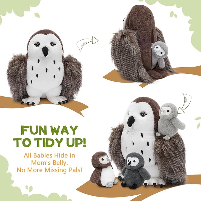 4Pcs Owl Plush Set, 18 Inch Mother Stuffed Animal with 3 Baby Owls Inside, Soft Brown Plushie Gift for Kids, Girls and Boys, Christmas Birthday Baby Shower, Brown