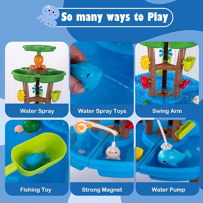 Water Table for Toddlers with Water Pump and Fishing Game Set 3-Tier Kids Sand Water Table with Umbrella Sensory Outdoor Toys for Kids Ages 4-8 Outside Toys Backyard for Kids Toddlers Age 3-10