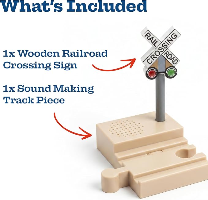 Sound Making Wooden Railroad Crossing Signal | Train Crossing Track Compatible with All Major Wooden Railway Train Track Sets | Battery-Powered Train Track Accessories Wood Layout