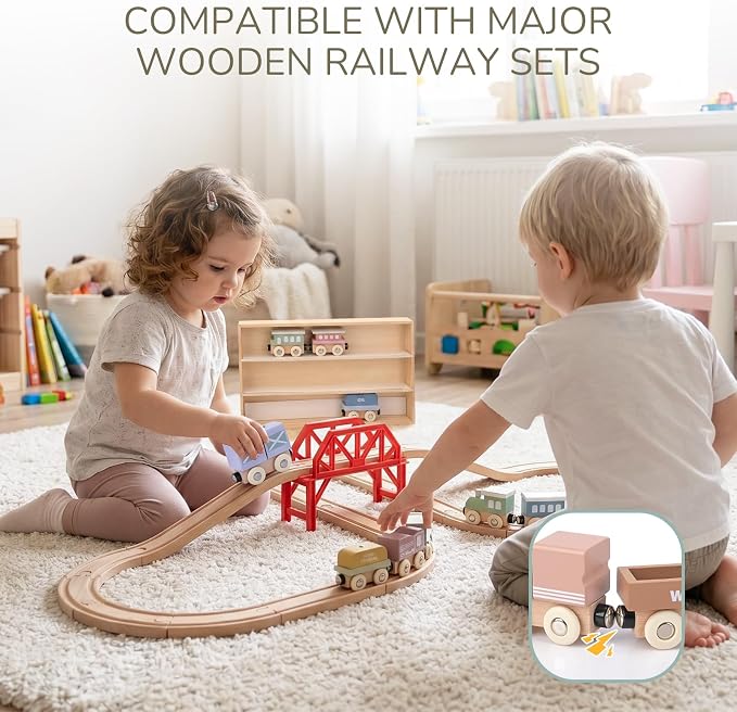 Wooden Train Set for Toddlers, 12PCS Montessori Magnetic Train Cars with Storage Gift Box, Compatible with Major Brands, Wooden Baby Stacking Blocks Toy, Birthday Gift for Boys Girls Ages 1-3 3-5+