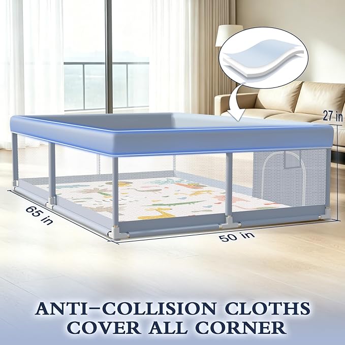 XVISHX 65 x 50 Inch Baby Playpen with Mat, Playpen for Babies and Toddlers, Baby Play Pen Playard for Indoor & Outdoor Active Center Game Fence, Skin-Friendly Fabric and Soft Breathable Mesh, Grey