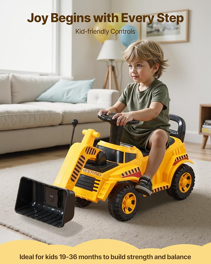 VEVOR Ride On Toddler Car, Ride on Excavator Car for Toddler 19 to 36 Months, Excavator Bulldozer Digger Toy with Under-seat Storage & Music, 55 lbs Load Capacity, Foot-to-Floor Walker for Kid, Yellow