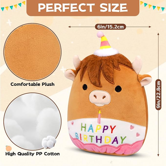 Birthday Highland Cow Plush Toy- 9inch Cute Birthday Highland Cow Stuffed Animal Pillows Toys, Soft Cow Stuffy Gifts Party Decoration for Kids Girls Boys