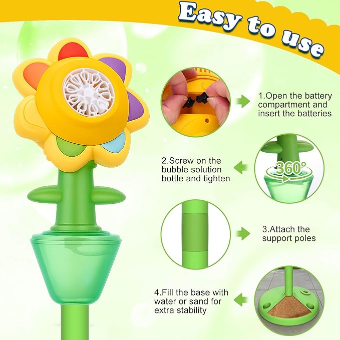 AIERSA Flower Bubble Stand Machine,Sunflower Bubble Maker with Lights, Tall Adjustable Rechargeable Automatic Bubble Blower for Outdoor Backyard Party
