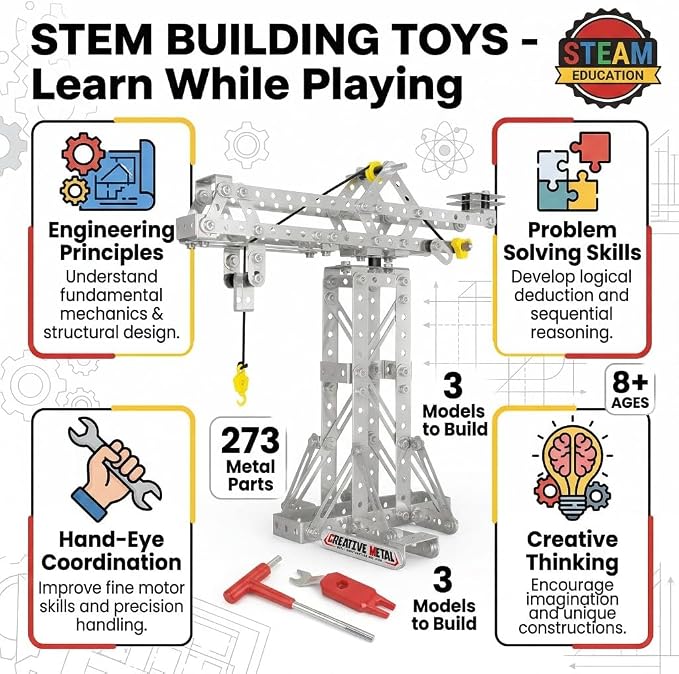 Metal Building Toys, 273pcs 3 in 1 Tower Crane & Frame Crane & Windmill Metal Model Set,Erector Sets for Boys Age 8-12,DIY Building Stem Projects Toys for Kids,Birthday Gifts for Model Crane Fan